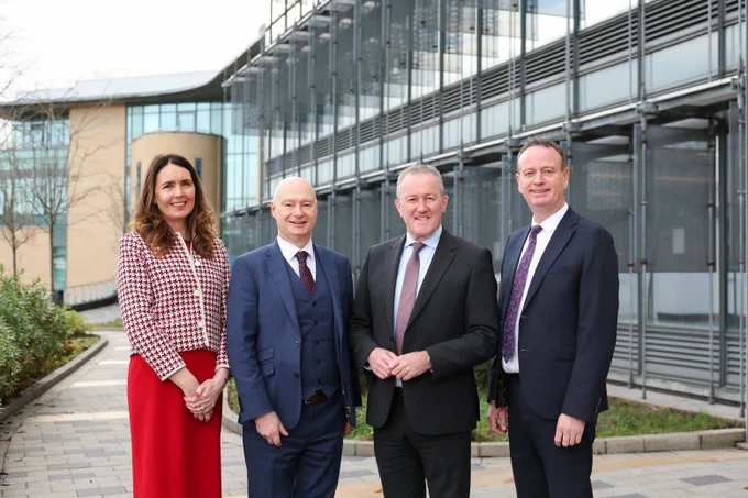 Pictured at Ulster University's Derry~Londonderry campus at the launch of the Magee Expansion Taskforce's final report and Action Plan are (l-r) Nicola Skelly, Vice Chair of the Magee Taskforce; Professor Paul Bartholomew, Vice-Chancellor of Ulster University; Economy Minister Conor Murphy; and Stephen Kelly, Chair of the Magee Taskforce.