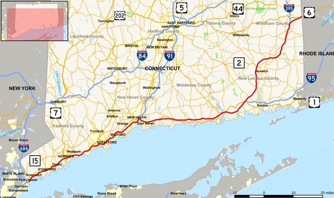 Map of the state of Connecticut with the Connecticut Turnpike highlighted in red