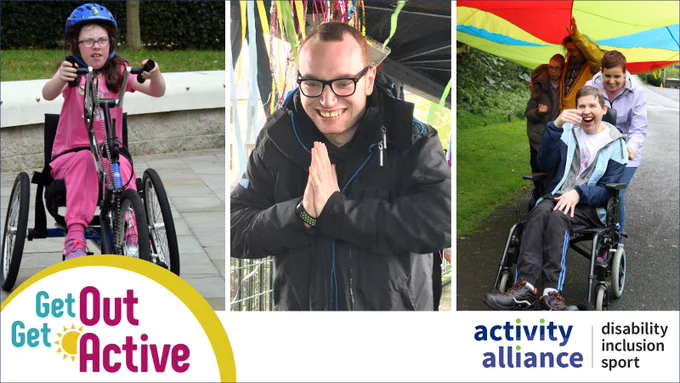 Image shows the GOGA logo and three pictures. Picture 1, a young disabled girl on a three-wheeled hand cycle. Picture 2, a man smiling taking part in a fitness activity, he has his hands together in prayer position. Picture 3, a young man in a wheelchair is being pushed under a colourful parachute.