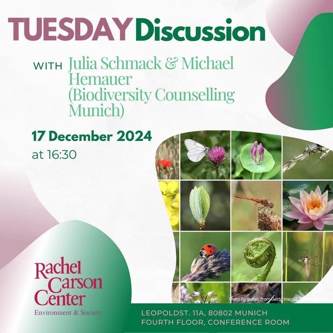 The graphic includes an image compilation of different plants and insects. It also contains the following information: Tuesday Discussion with Julia Schmack and Michael Hemauer (Biodiversity Counselling Munich), 17 December 2024, at 16:30. Location: Leopoldstraße 11a, 80802 Munich, fourth floor, conference room
