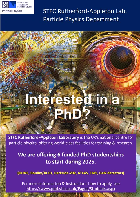 Poster advertising PhD studentships. 'Interested in a PhD?' is on a background consisting of ATLAS end ca toroids, particle collision and CMS silicon tracker 