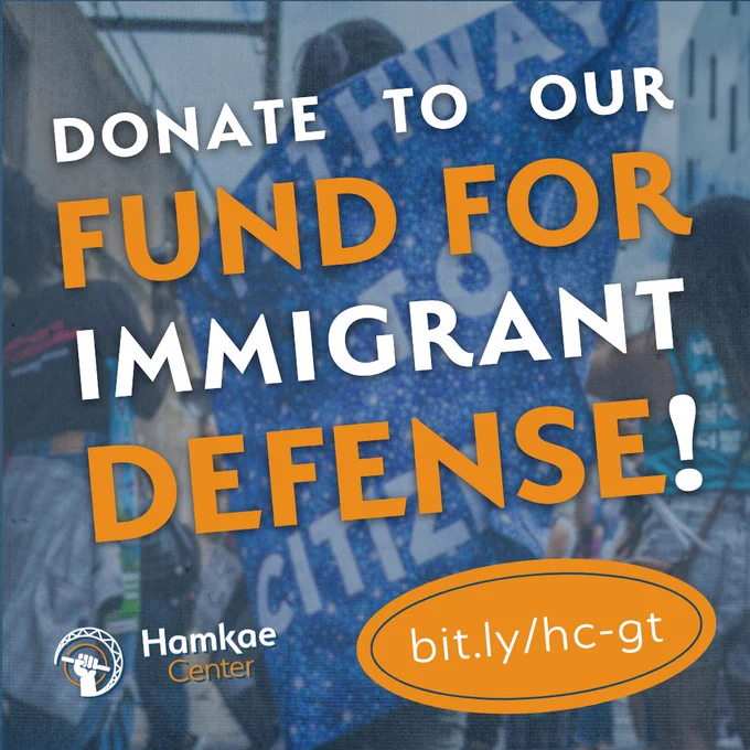 Donate to Hamkae Center's Fund for Immigrant Defense!
bit.ly/hc-gt

Background photo of a multiethnic group of people gathering together during a march.