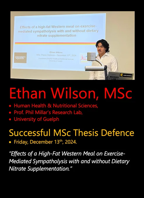 A photo of Ethan at his defence, in front of a projected title screen with the same title of her thesis that is listed in this posting.
