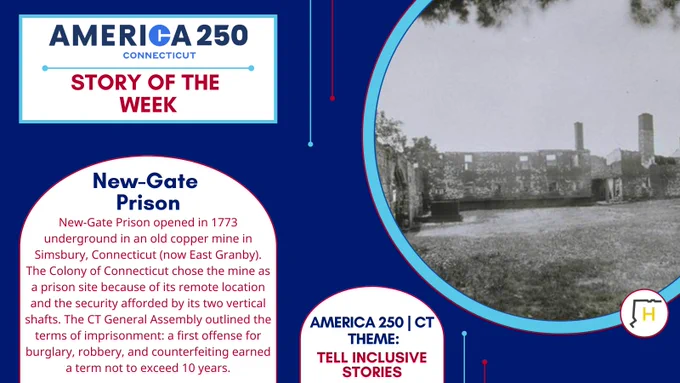 Graphic advertising America 250 Connecticut Story of the Week entitled “New-Gate Prison.” Includes description of the article and a partial image.