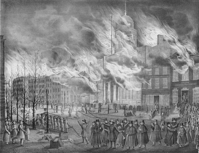 The black and white photo is of the Great Fire of 1835 in New York City.