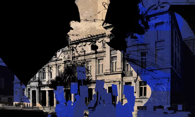 Image of Queen Mary's Queens' Building with a decal of scrooge over it, while people are protesting at the bottom. Neatly sums up our employment relations in visual form. The image comes from the 22 December 2023 piece Aditya Chakrabortty wrote about the state of Queen Mary in the Guardian: https://www.theguardian.com/commentisfree/2023/dec/22/university-took-staff-wages-scrooge-marking-boycott