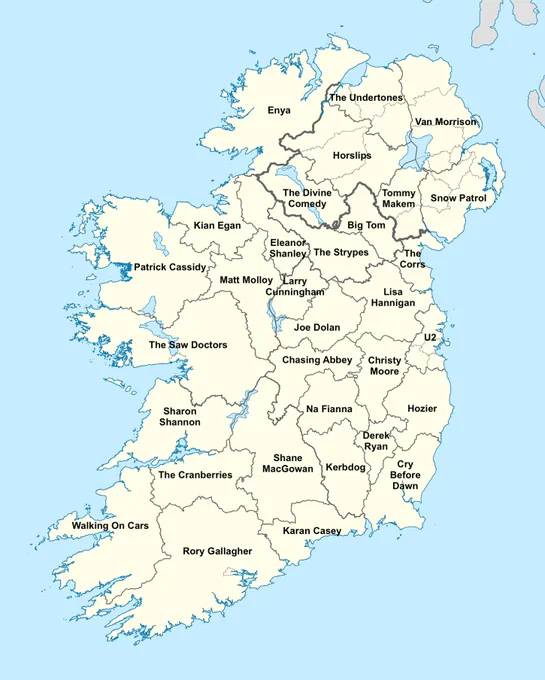 A map of the 32 counties of Ireland with the best selling artist from each county.