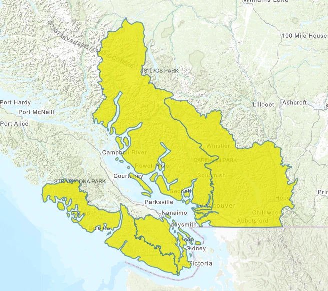Map highlighting in yellow, areas under High Streamflow Advisory. 