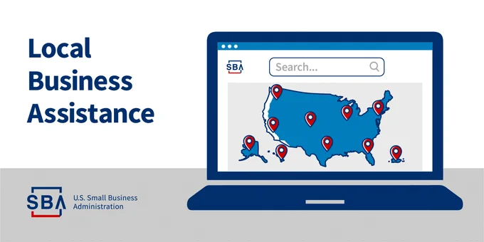 Graphic on a laptop screen displaying the map of the United States marked with red location pins, indicating Local Business Assistance locations from the U.S. Small Business Administration (SBA).