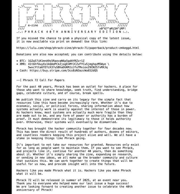 screenshot of the CFP on phrack.org
