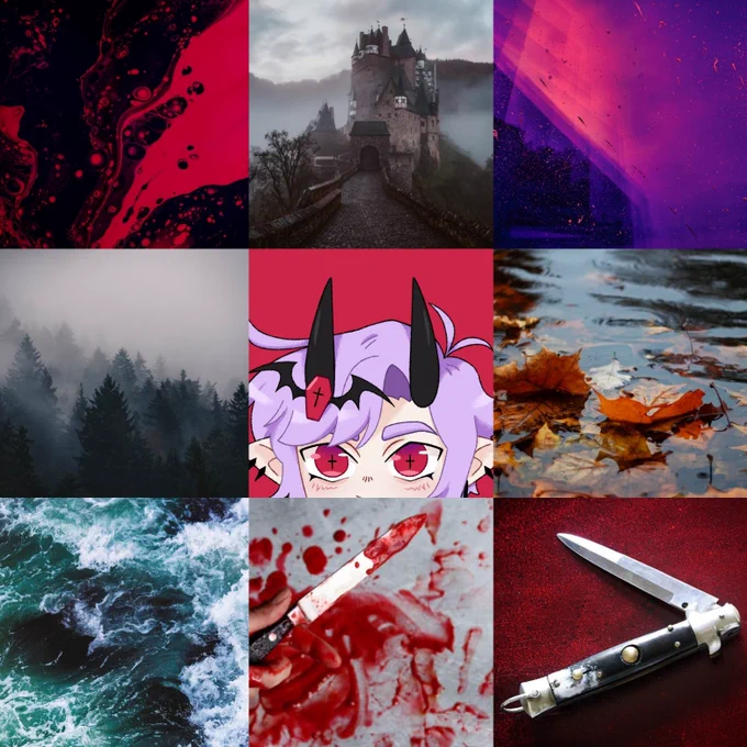 Moodboard with 9 images 
1: Black and red liquid mixing
2: a foggy castle/fort 
3: abstract neon red/pink and purple light
4: a foggy dark pine forest 
5: a characters with black horns, light purple hair, red eyes, and pointed ears peeking into frame
6: red and orange leaves in a rainy puddle
7: ocean waves, deep green
8: a bloody knife being held above bright blood smears on the ground
9: a half opened stiletto switchblade against a dark red background 