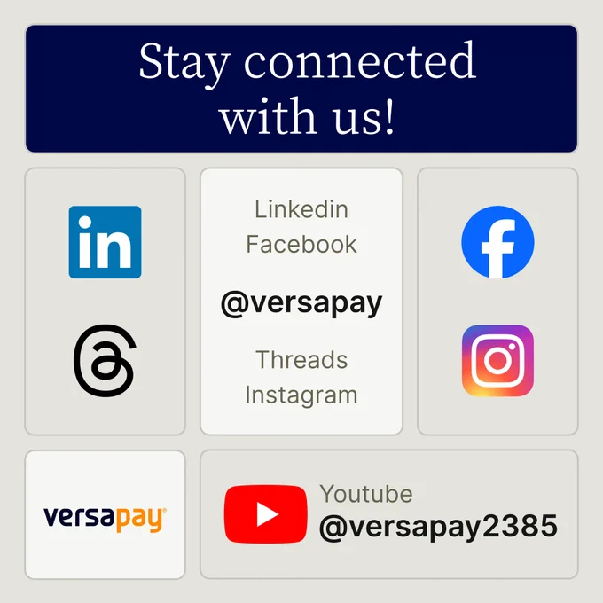 Stay connected with us!" graphic featuring social media icons for LinkedIn, Facebook, Instagram, Threads @versapa, @versapay2385 on YouTube, and the Versapay logo at the bottom.