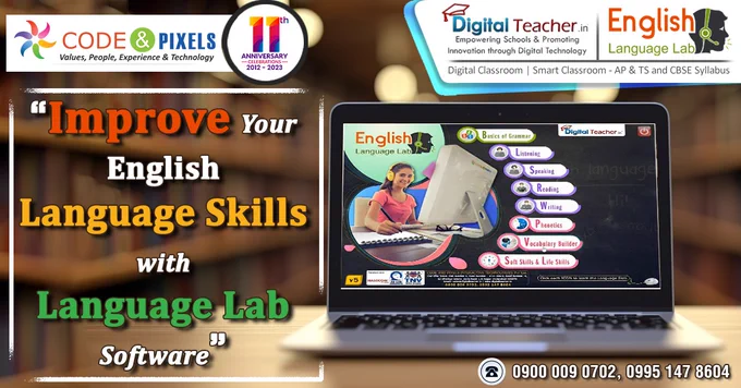 Ad for English Language Lab software on a laptop screen with text and contact info.