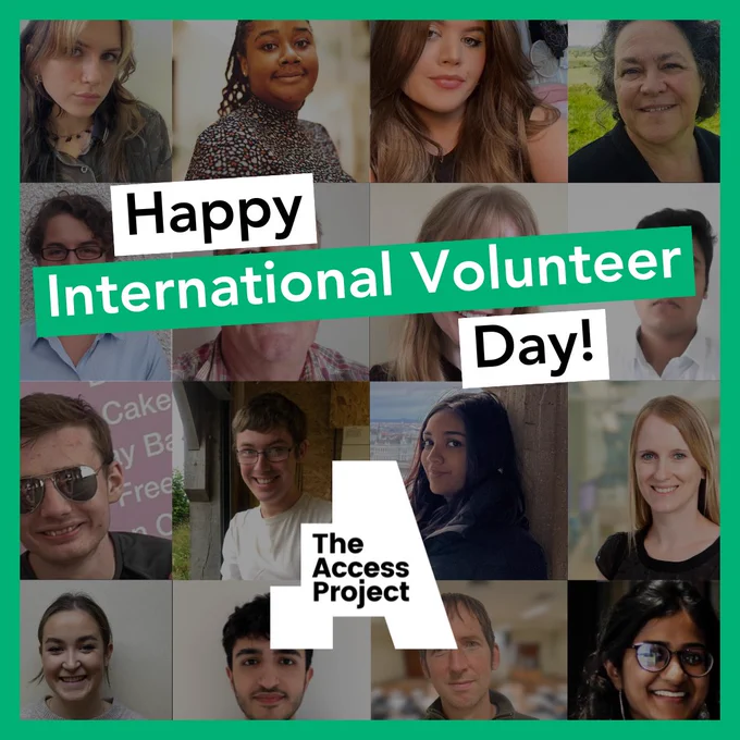 Collage of volunteers from The Access Project. Text reads: Happy International Volunteer Day! The Access Project logo. 