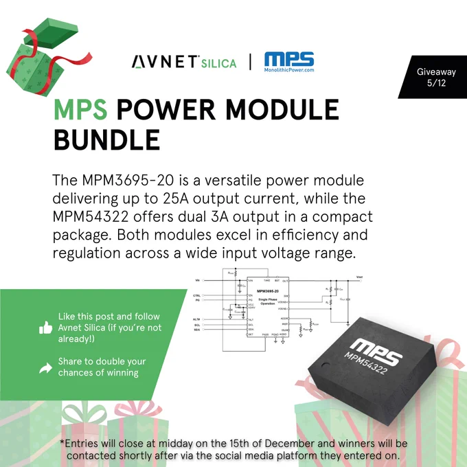 Promotional image for day 5 of the 12 Days of Christmas. MPS Power Module Bundle - The MPM3695-20 is a versatile power module delivering up to 25A output current, while the MPM54322 offers dual 3A output in a compact package.