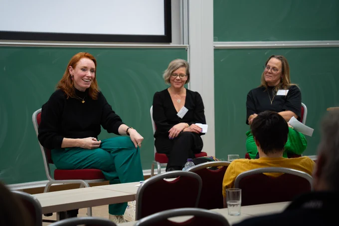 Professor Hannah Fry, Dr Marianne Freiberger and Rachel Thomas at the Isaac Newton Institute for Mathematical Sciences during the closing session of the 'Communicating Mathematical and Data Sciences - What Does Success Look Like' event in November 2024. 