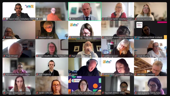 Snapshot of zoom meeting screen showing 25 rectangles on the screen with each a meeting attendee in the frame.