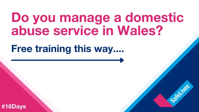 SafeLives 16 Days Post with text that reads "do you manage a domestic abuse service in Wales? Free training this way...."
