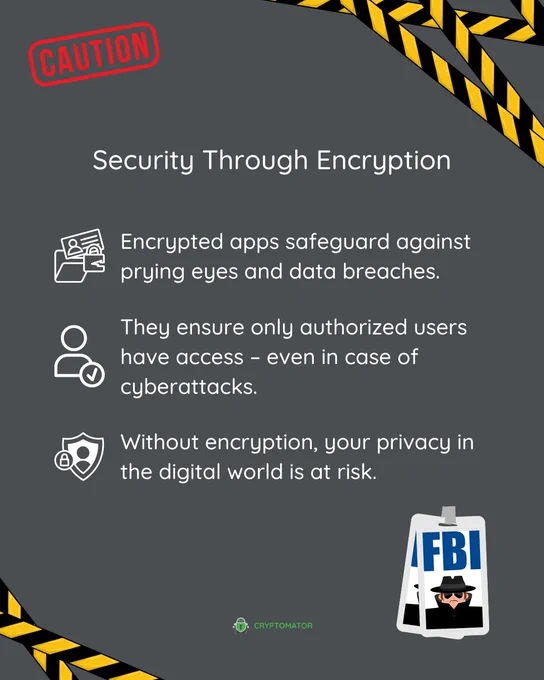 The same gray background with the "CAUTION" stamp and warning tape framing the image. The headline says, "Security Through Encryption." Three bullet points are listed with matching icons:

1. A folder with a lock, illustrating "Encrypted apps safeguard against prying eyes and data breaches."
2. A person icon with a checkmark, representing "They ensure only authorized users have access – even in case of cyberattacks."
3. A shield with a lock icon, symbolizing "Without encryption, your privacy in the digital world is at risk."

The FBI badge icon remains in the bottom right corner.