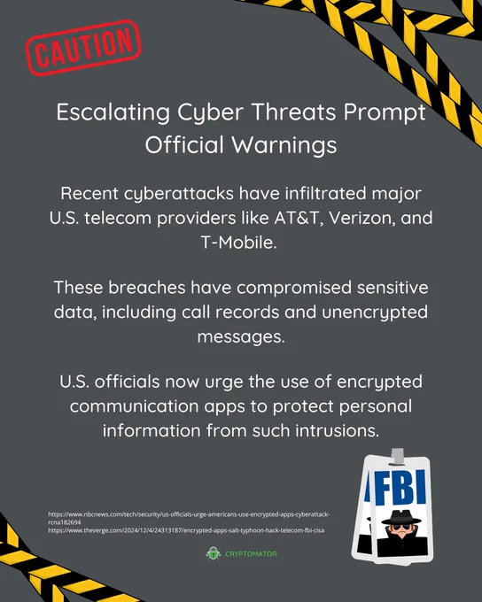 A gray background with a red "CAUTION" stamp in the top left corner and yellow-black warning tape diagonally framing the image. The headline reads, "Escalating Cyber Threats Prompt Official Warnings." Below, the text explains that recent cyberattacks have targeted U.S. telecom providers like AT&T, Verizon, and T-Mobile, compromising sensitive data such as call records and unencrypted messages. It concludes with a note that U.S. officials now recommend encrypted communication apps to protect personal information. An FBI badge icon featuring a shadowy figure in a hat and glasses is at the bottom right corner, emphasizing the urgency.