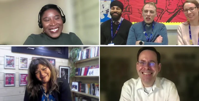 Screenshot from live-streamed session showing still images of all six speakers smiling. In the top left, Dr Lesley-Nelson Addy wears a grey top and headphones; on the right teachers Harmanvinder Panesar, Dale Collett and Naomi Reid sit against a red background showing a handmade red and black display about the play, The Empress. At the bottom left, playwright Tanika Gupta is surrounded by posters and published versions of her plays; at the bottom right Dr Florian Stadtler wears glasses and a white shirt. 