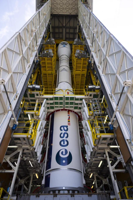 Looking up at Vega-C flight VV25 with Sentinel-1C on the launch pad inside mobile building, 4 December 2024