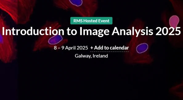 promtional image for Intro to Image Analysis Course 2025. White text on dark background giving event name, date (8-9 April) and location (Galway, Ireland)