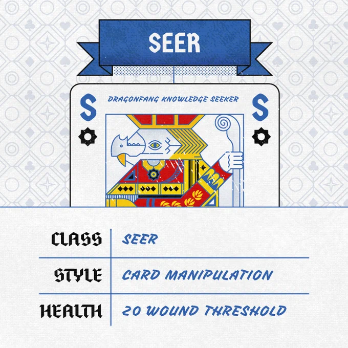 A character portrait with the text 'Seer - Dragonfang Knowledge Seeker. Class: Seer, Style: Card Manipulation, Health 20 Wound Threshold'