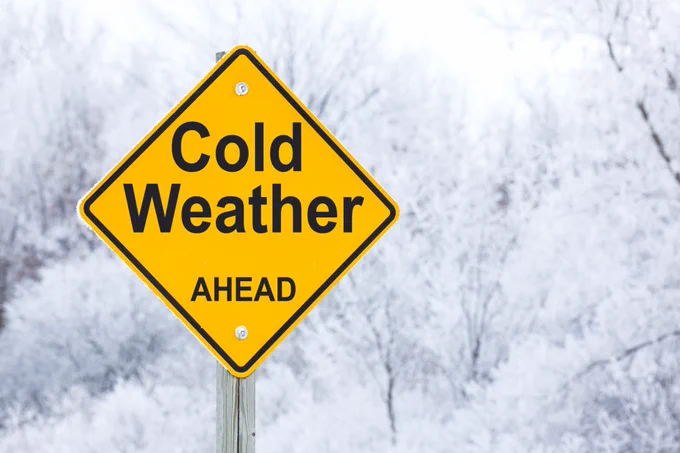 image of snowy woods with a yellow caution sign that says "Cold weather ahead"