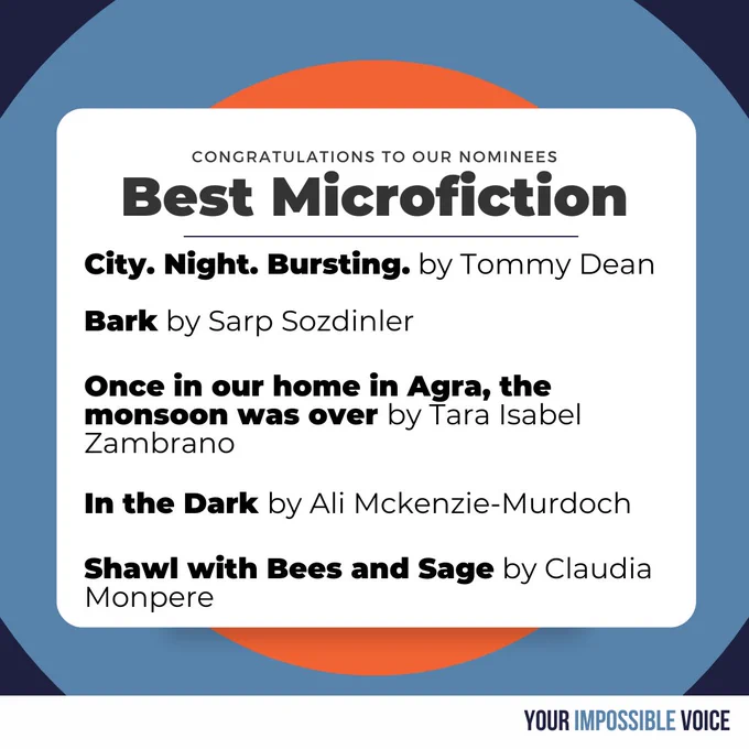 Congratulations to the our Best Microfiction nominees: City. Night. Bursting. by Tommy Dean, Bark by Sarp Sozdinler, Once in our home in Agra, the monsoon was over by Tara Isabel Zambrano, In the Dark by Ali Mckenzie-Murdoch, and Shawl with Bees and Sage by Claudia Monpere