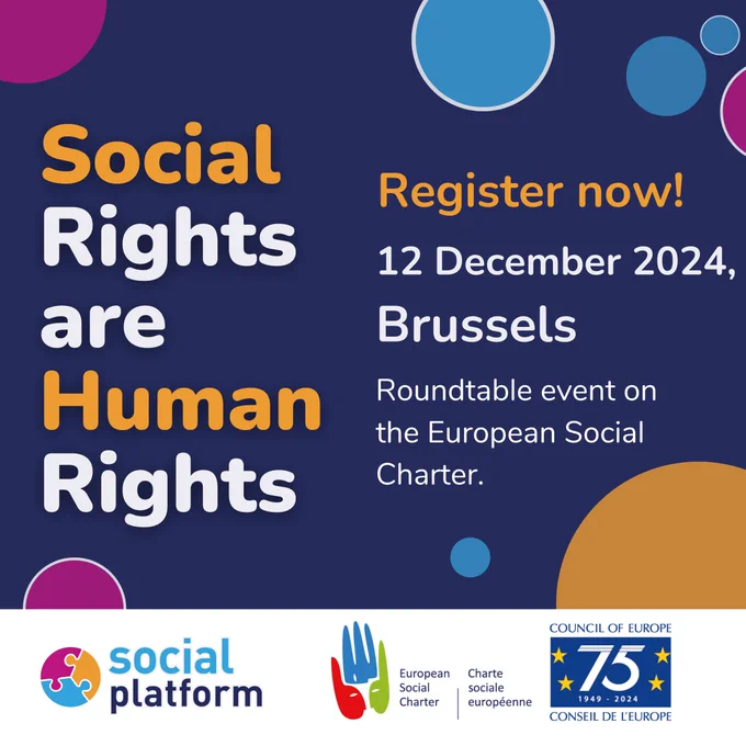 Blue background with colourful text reading: 'social rights are human rights. register now! 12 December 2024, Brussels. Roundtable event on the European Social charter.