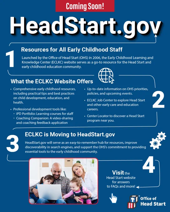 Promotional poster for HeadStart.gov featuring information about Head Start services including comprehensive early education resources, tools for child development. Logo of the Office of Head Start included at the bottom.