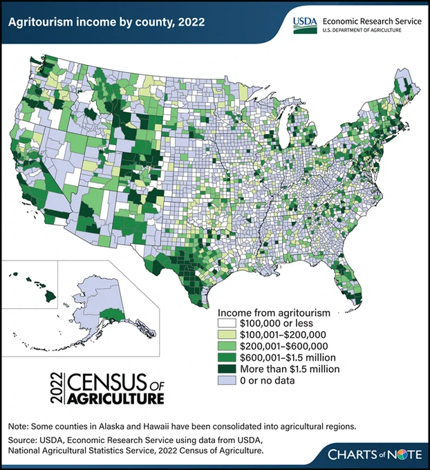 A map showing agritourism by county, 2022