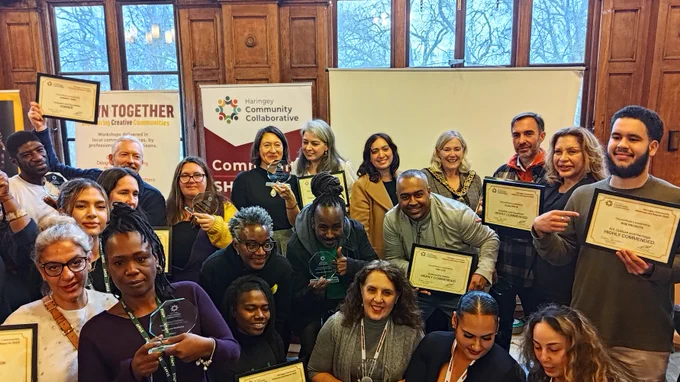 Winners of the Community Showcase Awards pose with Cllr Ovat and Cllr Jameson