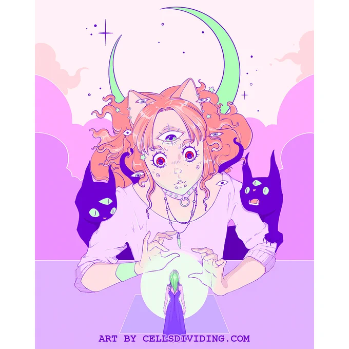 Comic book style illustration of a fortune teller and two black cats.