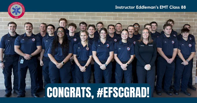 The EFSC EMS logo is next to a class photo and the words "Congrats, #EFSCGrad" and "Instructor Eddleman’s EMT Class 88"