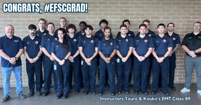 A class photo is next to the words "Congrats, #EFSCGrad" and "Instructors Touro & Kouko’s EMT Class 89"