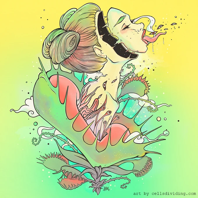 illustration of a comic book style woman in a venus fly trap