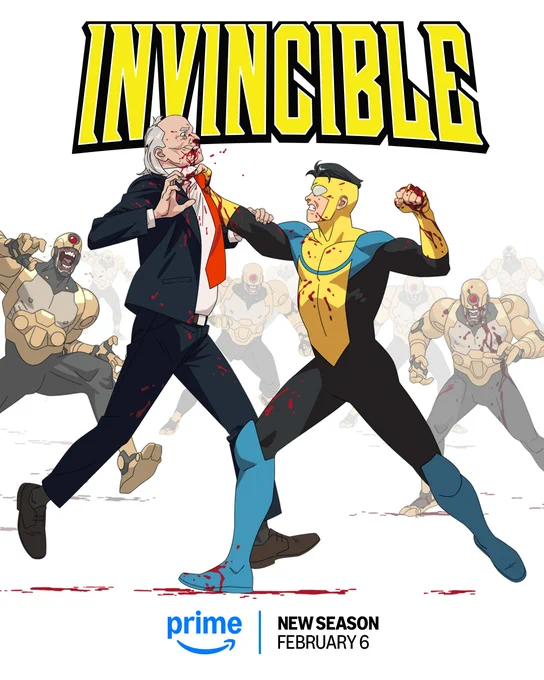 Invincible holds up a bloodied Cecil by the throat and prepares to punch as gold Reanimen emerge from the white room. The Invincible logo is at the top of the frame and at the bottom is the Prime logo and new season February 6