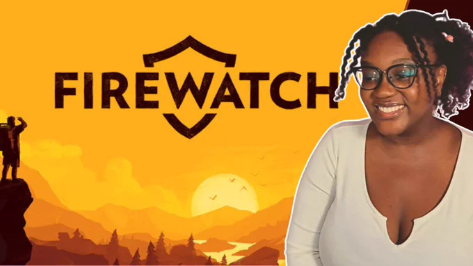 Thumbnail for Pink's YouTube video. There is a photo of Pink on the right side, and the poster of the game in the background. The poster has warm tones (orange, yellow, brown). It reals "Firewatch". There is a man at the top of a mountain on the left side. He is looking at the horizon/landscape (trees, sun, birds).