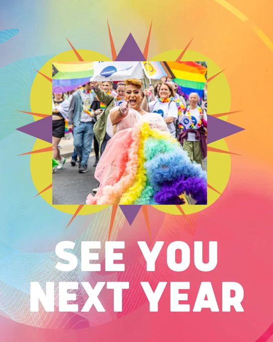Bright graphic reads, ‘See You Next Year’. Small image of a person in a colourful dress pointing at the camera also features.