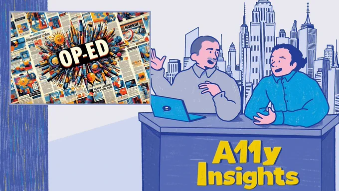 Illustration of Thomas and Ken at a desk with A11y Insights. Thomas has a laptop in front of him. A city skyline is in the distance behind them. The news window shows a colorful newspaper with OP-ED