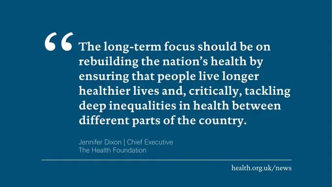 The long-term focus should be on rebuilding the nation’s health by ensuring that people live longer healthier lives and, critically, tackling deep inequalities in health between different parts of the country. Jennifer Dixon, Chief Executive at the Health Foundation