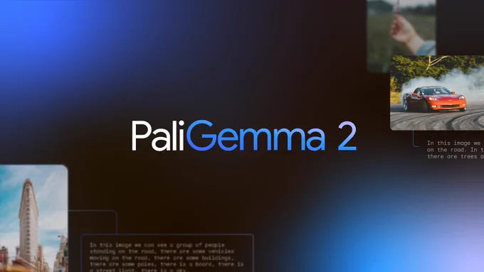 The text "PaliGemma 2" is displayed over a collage of images with accompanying descriptions, likely generated by an AI. 