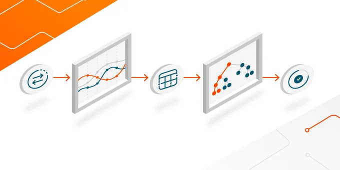 
 A diagram illustrates a data processing pipeline with icons representing data input, transformation, analysis, and output. The background features orange lines on the left side and red lines on the right side. 