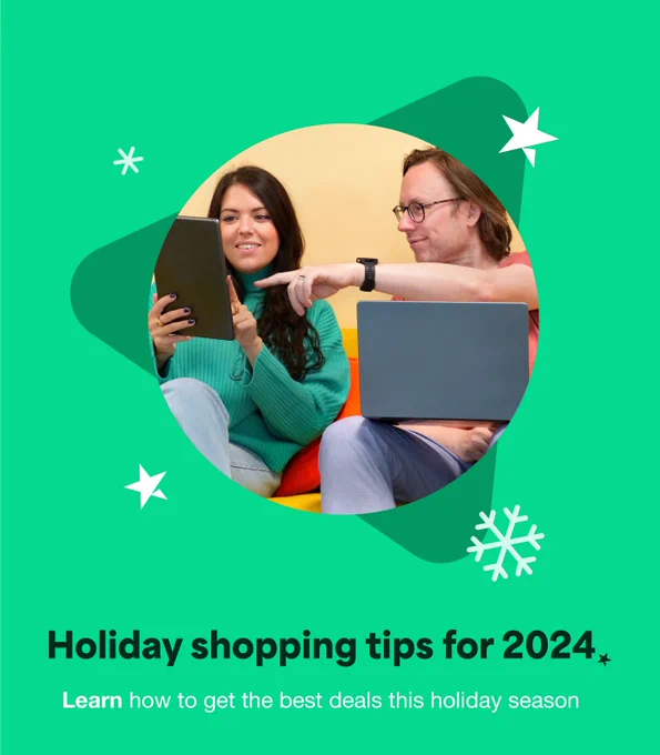 Two individuals, one holding a tablet and the other with a laptop, sit together against a green background adorned with white stars, focused on their devices above the text "Holiday shopping tips for 2024.