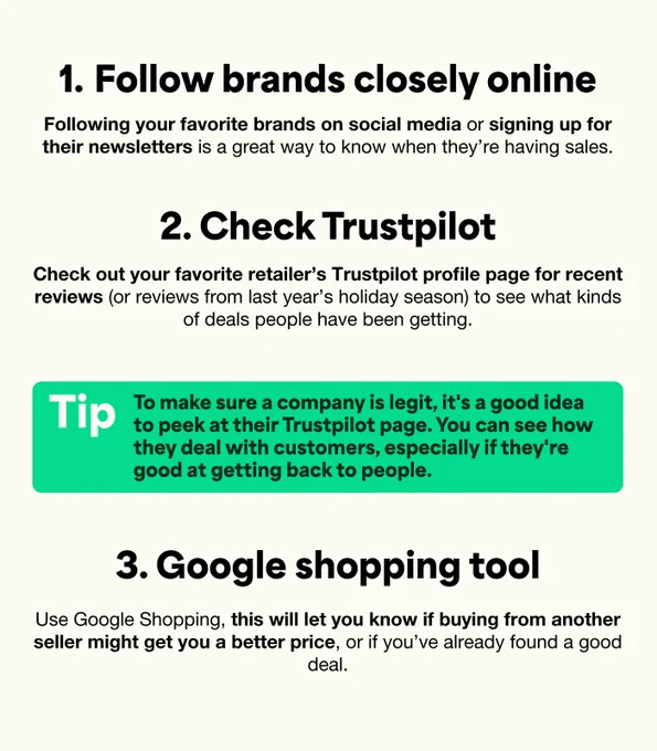 Image of an infographic with three tips for smarter online shopping. 1. Follow favorite brands on social media or sign up for newsletters to know about sales. 2. Check reviews from the previous year on Trustpilot to see what kinds of deals a company has been offering and verify its legitimacy. 3. Use Google Shopping to compare prices and deals from different sellers.