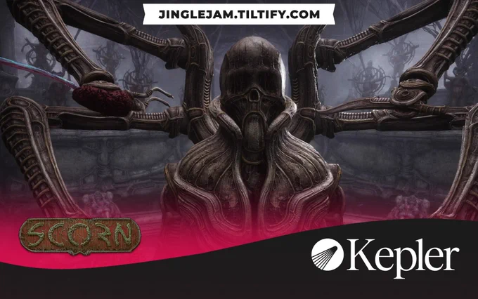 Illustration of an unsettling bio-mech character in a spooky setting with jinglejam.tiltify.com link, ‘Scorn’ title text, and Kepler Interactive logo