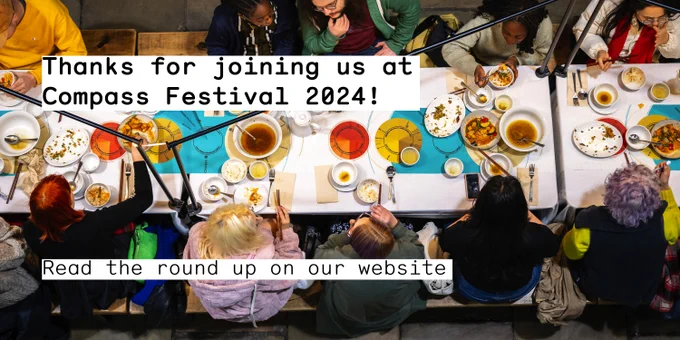 People sat sharing food at a large table. Text reads 'thanks for joining us at Compass Festival 2024! Read the round up >>>'