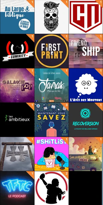Capture d'écran de l'application Podcast addict
Au large biblique 
Beau cadavre 
Catch news
Comixity 
First print 
Friendship
Galaxie Pop
Javras 
L'avis des moutons 
Les ambitieux 
Maintenant vous savez 
Recoversion 
Road to Hellfest 
Shitlist
Sur la route encore 
Tales from the click 
TD Actu